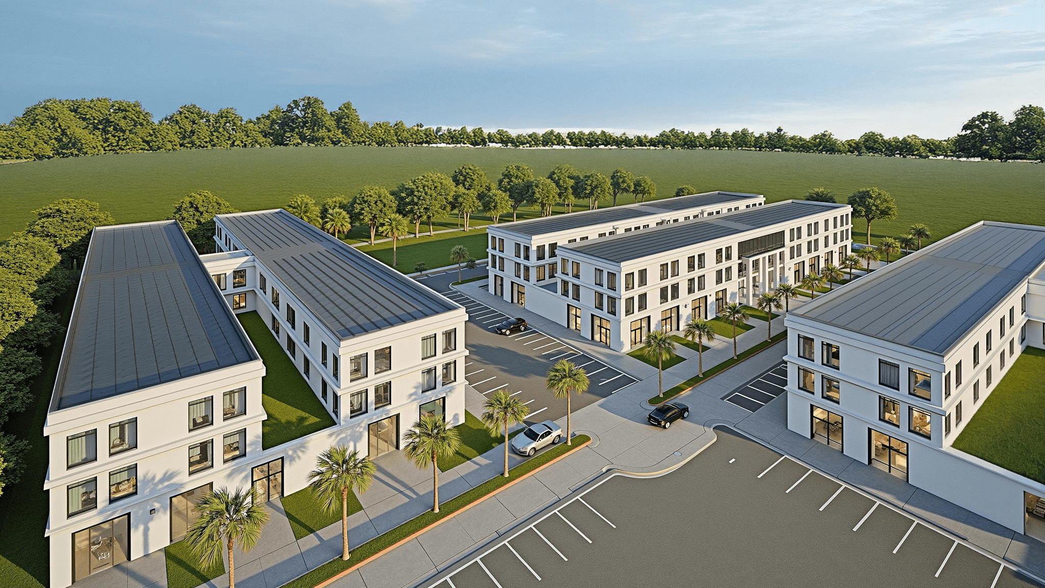 Architectural render of Vitality Senior Living campus in St. Croix, featuring modern buildings with solar panels surrounded by tropical landscape